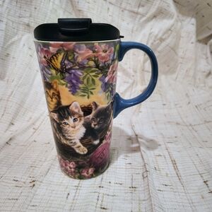 Cypress Floral Cat Design Travel Mug with Blue Handle